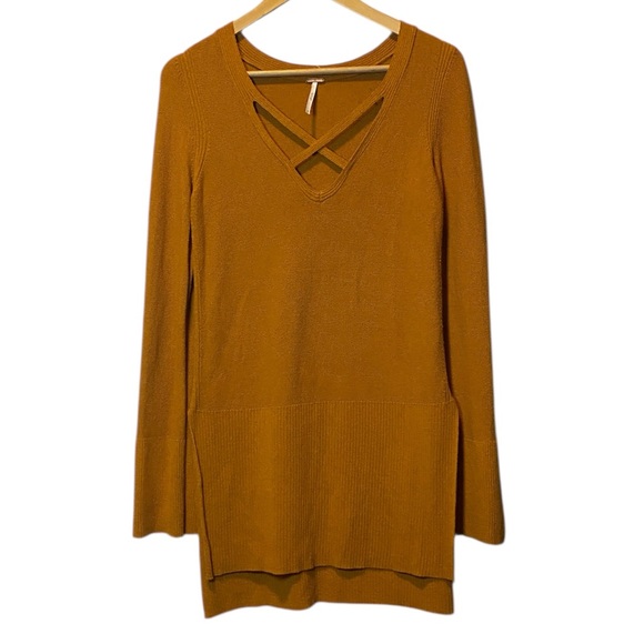 Free People Criss Cross Tunic Sweater Women’s Medium Ginger Root Linen Blend Top - Picture 3 of 15